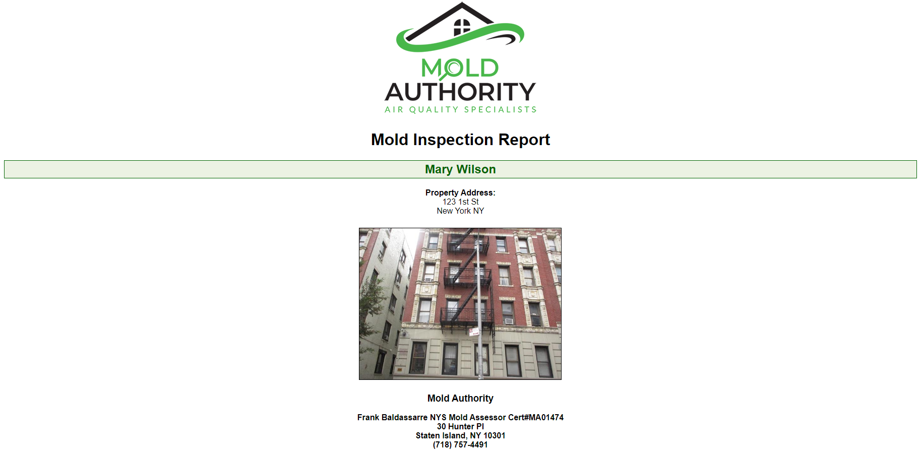 Apartment Mold Inspection Report Sample